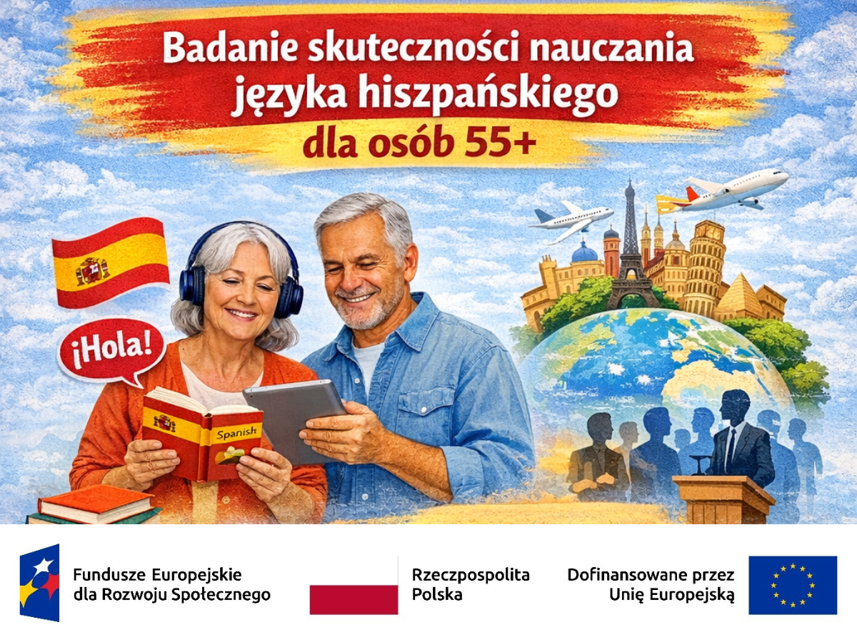 Grafika promocyjna Uniwersytetu Szczecińskiego przedstawia projekt badawczy dotyczący skuteczności nauczania języka hiszpańskiego dla osób 55+. Na ilustracji widać starszą parę uczącą się języka, elementy związane z podróżami i konferencjami naukowymi oraz informację o projekcie W21 finansowanym przez Ministerstwo Nauki i Szkolnictwa Wyższego.